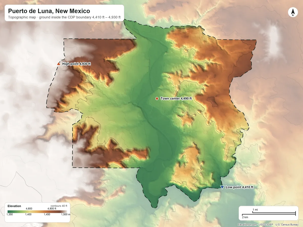 Topographic elevation map of Puerto de Luna, New Mexico, shaded from 4,410 ft on the southeast side to 4,930 ft on the west side