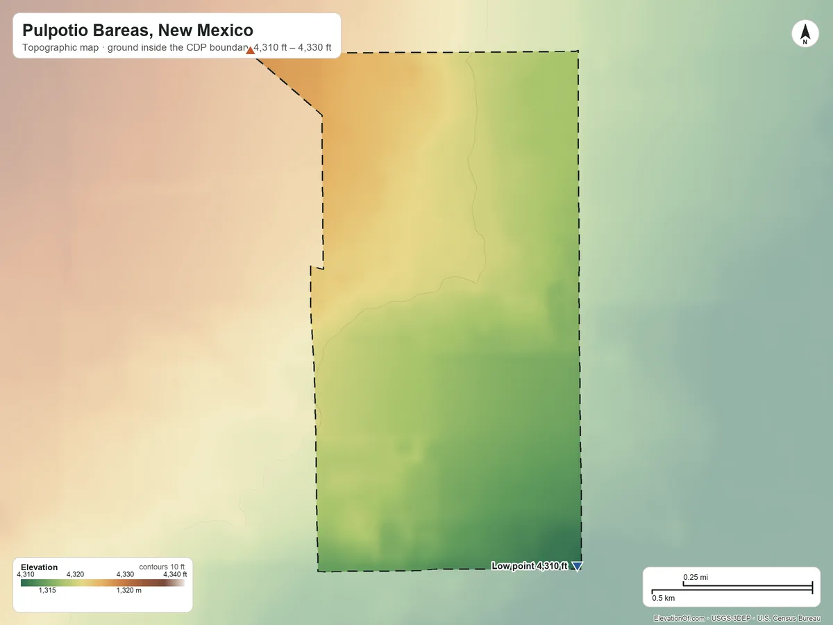 Topographic elevation map of Pulpotio Bareas, New Mexico, shaded from 4,310 ft on the south side to 4,330 ft on the northwest side