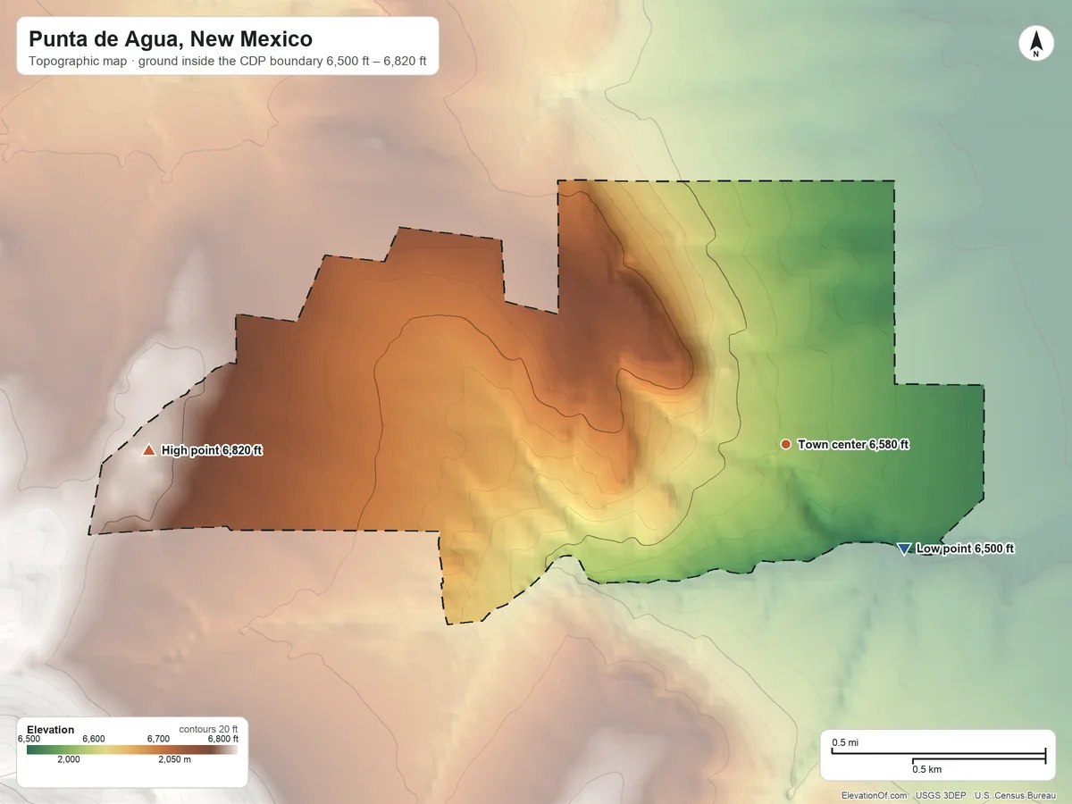 Topographic elevation map of Punta de Agua, New Mexico, shaded from 6,500 ft on the southeast side to 6,820 ft on the west side