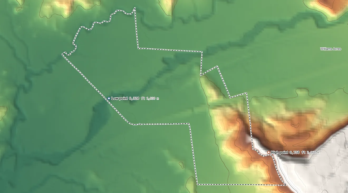 Topographic elevation map of Purty Rock, New Mexico, shaded from 6,320 ft on the west side to 6,750 ft on the east side