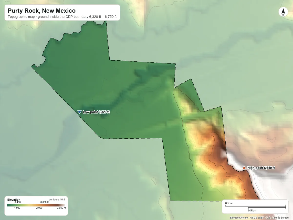 Topographic elevation map of Purty Rock, New Mexico, shaded from 6,320 ft on the west side to 6,750 ft on the east side