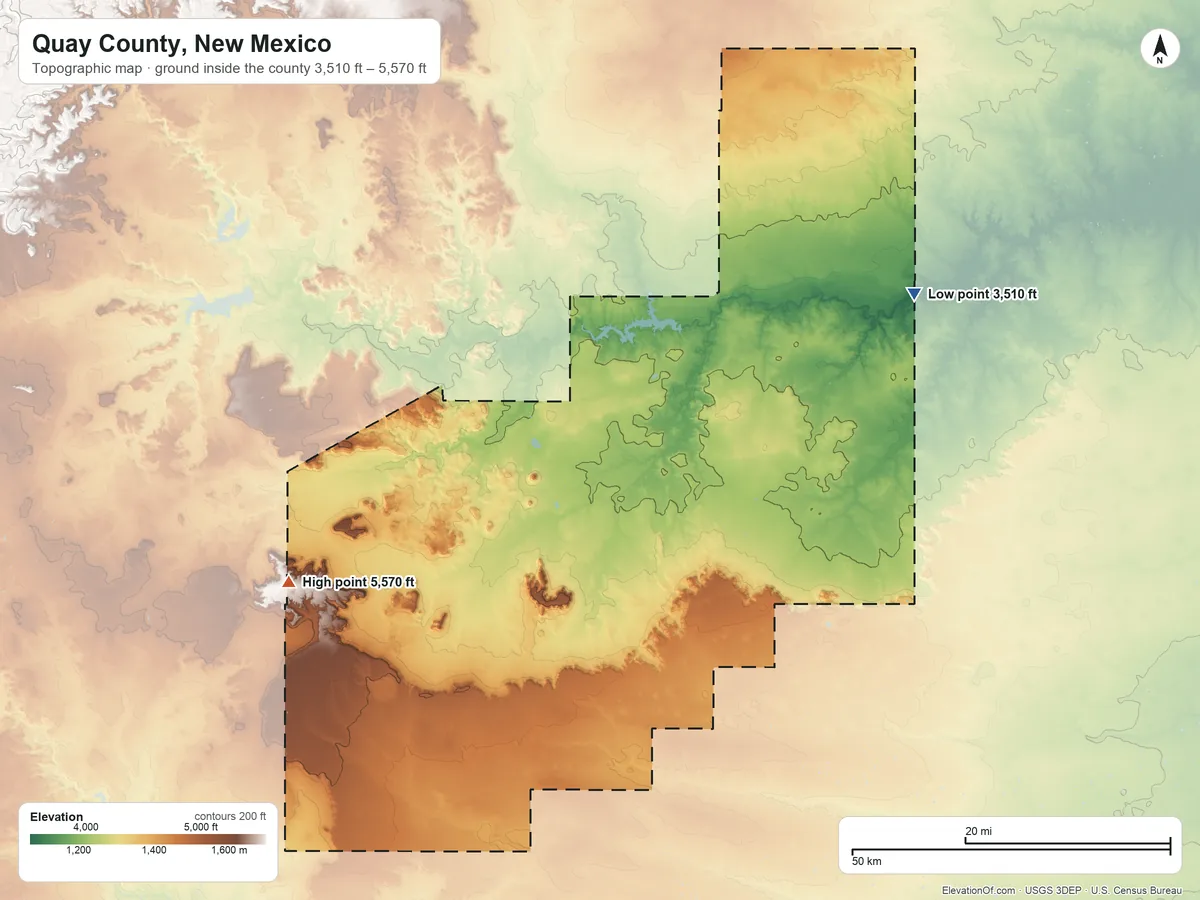 Topographic elevation map of Quay County, New Mexico, shaded from 3,510 ft on the northeast side to 5,570 ft on the southwest side