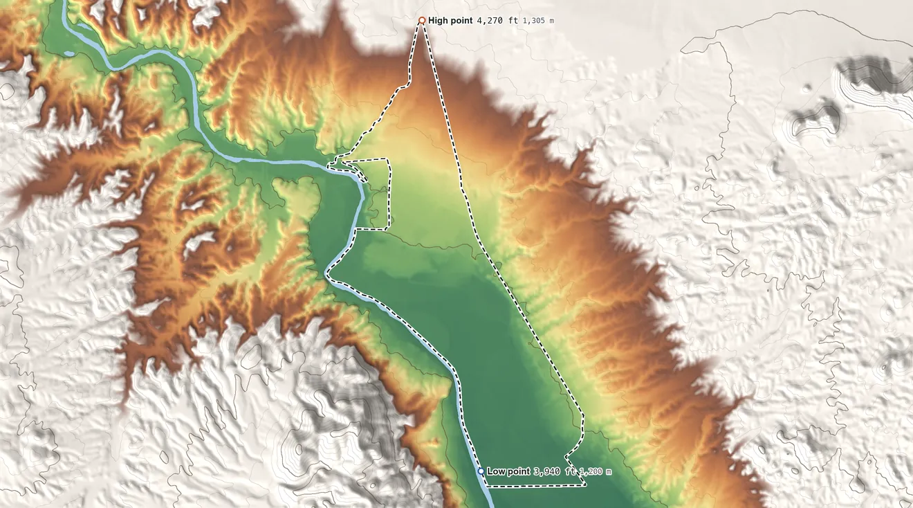 Topographic elevation map of Radium Springs, New Mexico, shaded from 3,940 ft on the south side to 4,270 ft on the north side