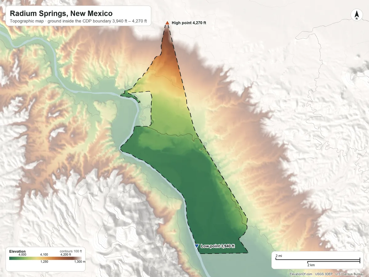 Topographic elevation map of Radium Springs, New Mexico, shaded from 3,940 ft on the south side to 4,270 ft on the north side