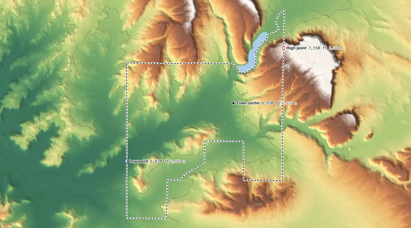 Topographic elevation map of Ramah, New Mexico, shaded from 6,830 ft on the southwest side to 7,550 ft on the northeast side