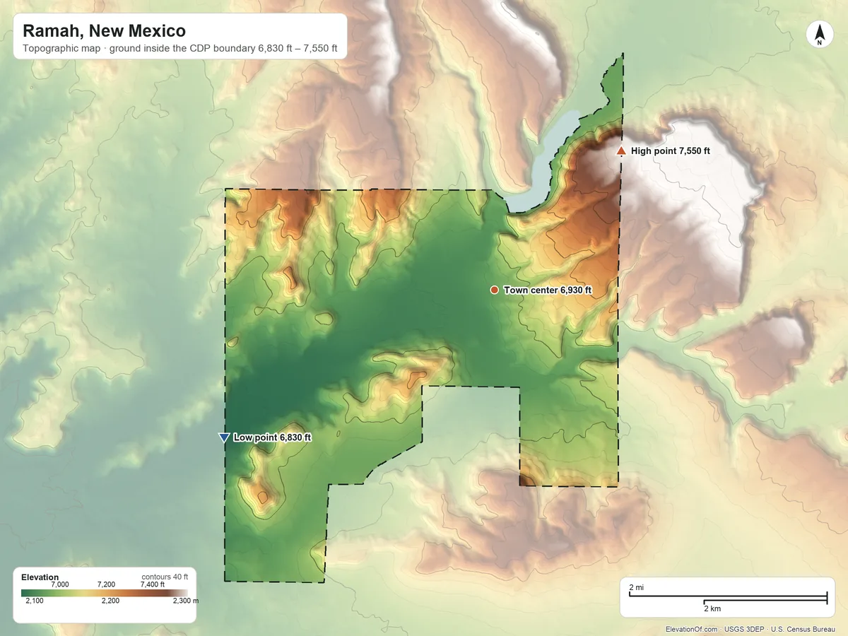Topographic elevation map of Ramah, New Mexico, shaded from 6,830 ft on the southwest side to 7,550 ft on the northeast side