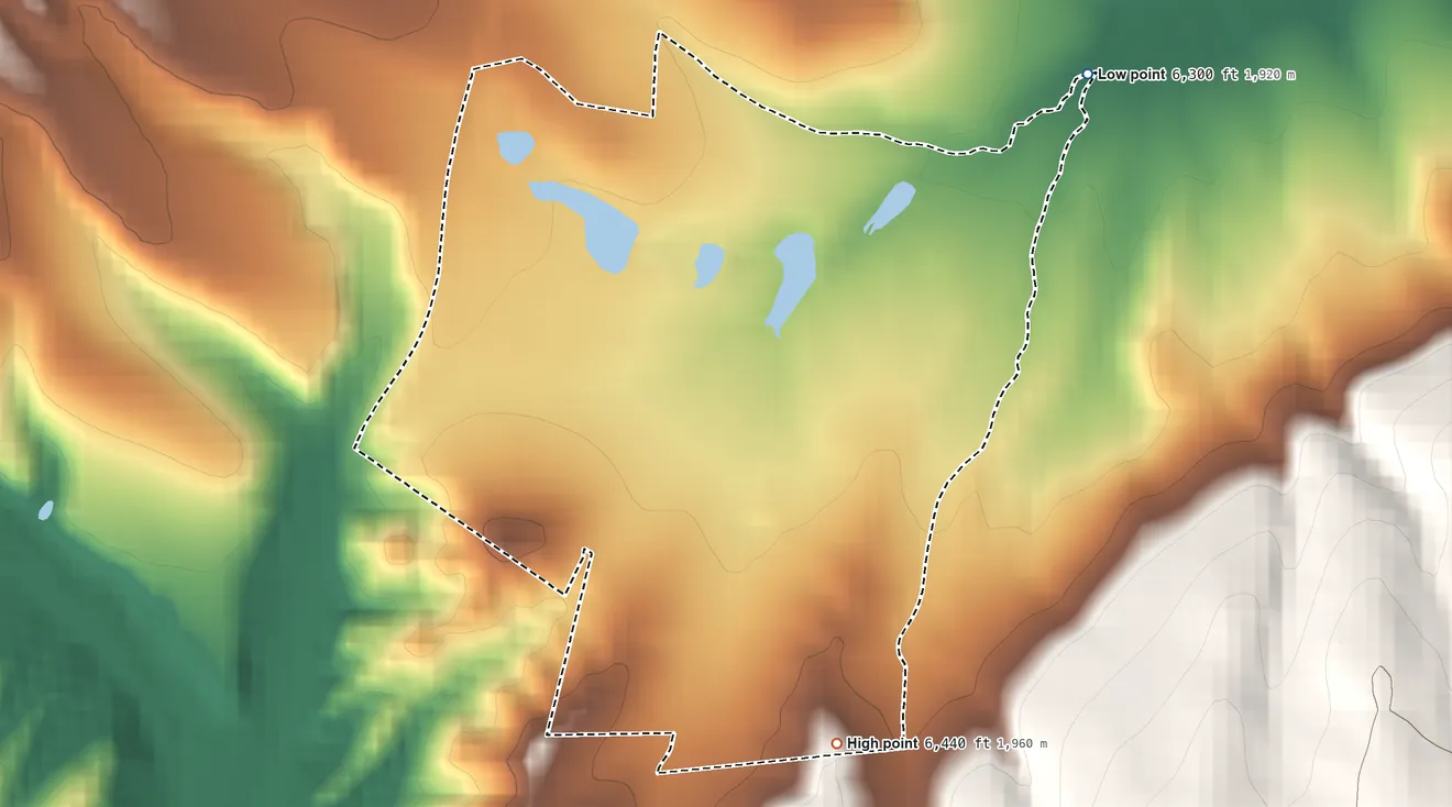 Topographic elevation map of Rancho Grande, New Mexico, shaded from 6,300 ft on the northeast side to 6,440 ft at the foot of the Saliz Mountains