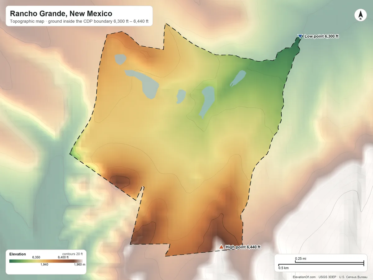 Topographic elevation map of Rancho Grande, New Mexico, shaded from 6,300 ft on the northeast side to 6,440 ft at the foot of the Saliz Mountains