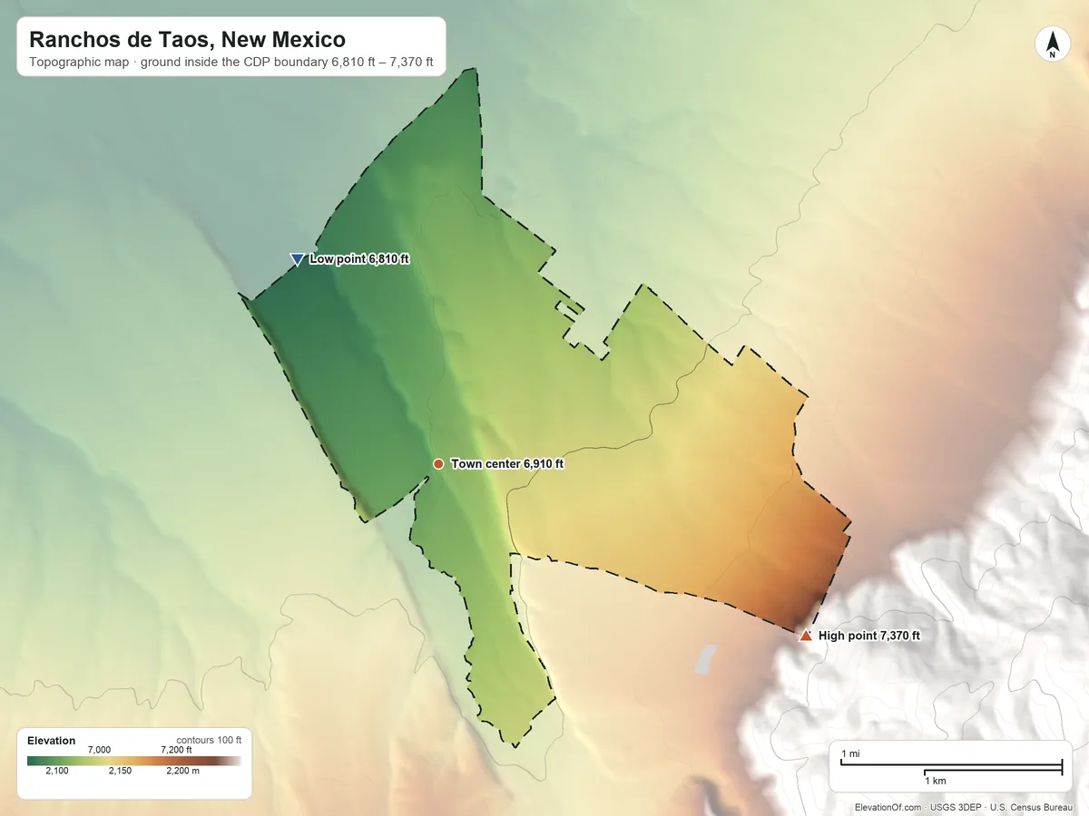 Topographic elevation map of Ranchos de Taos, New Mexico, shaded from 6,810 ft on the northwest side to 7,370 ft at the foot of the Rincon Mountains
