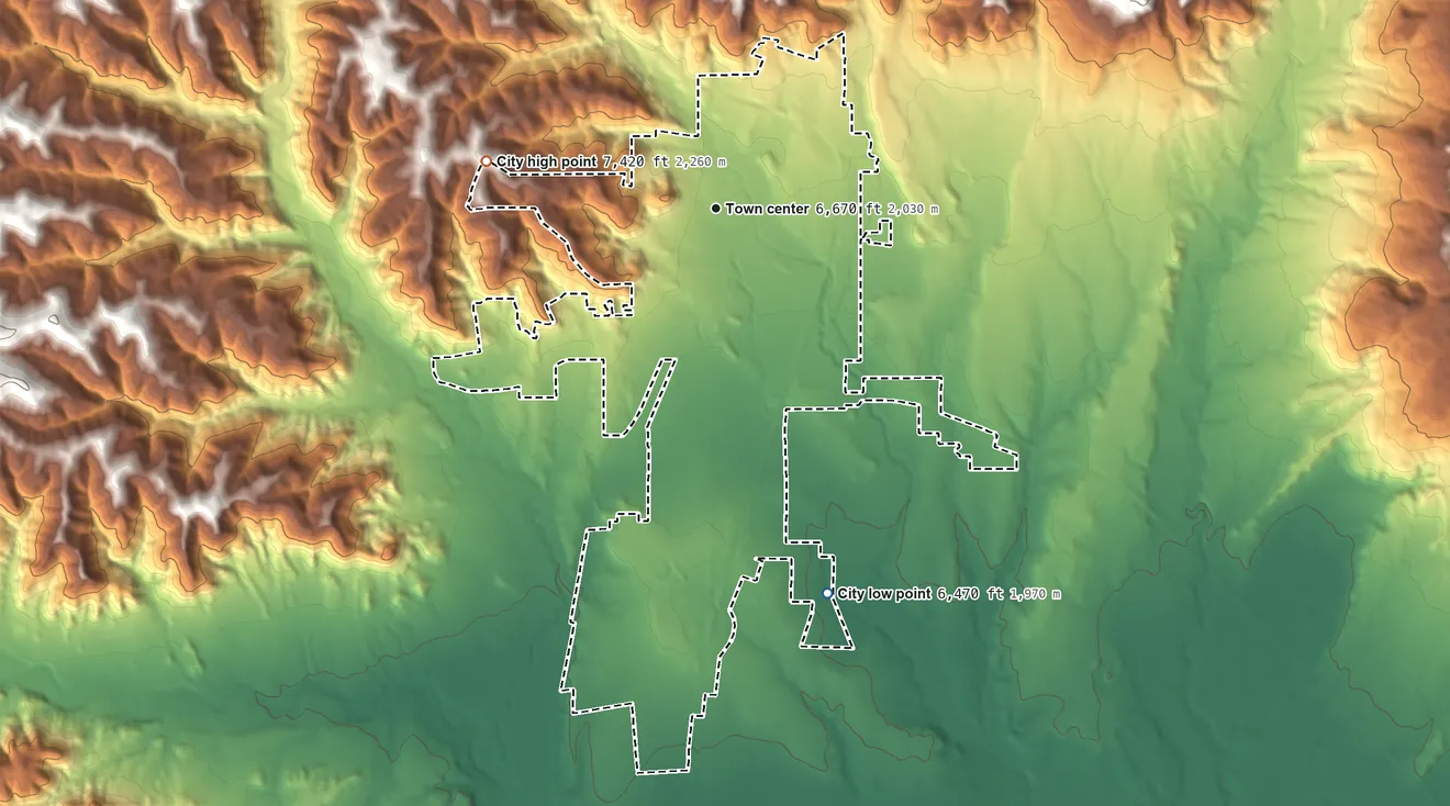 Topographic elevation map of Raton, New Mexico, shaded from 6,470 ft on the south side to 7,420 ft on the west side