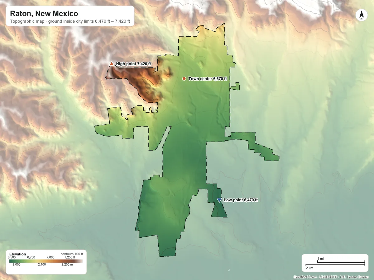 Topographic elevation map of Raton, New Mexico, shaded from 6,470 ft on the south side to 7,420 ft on the west side