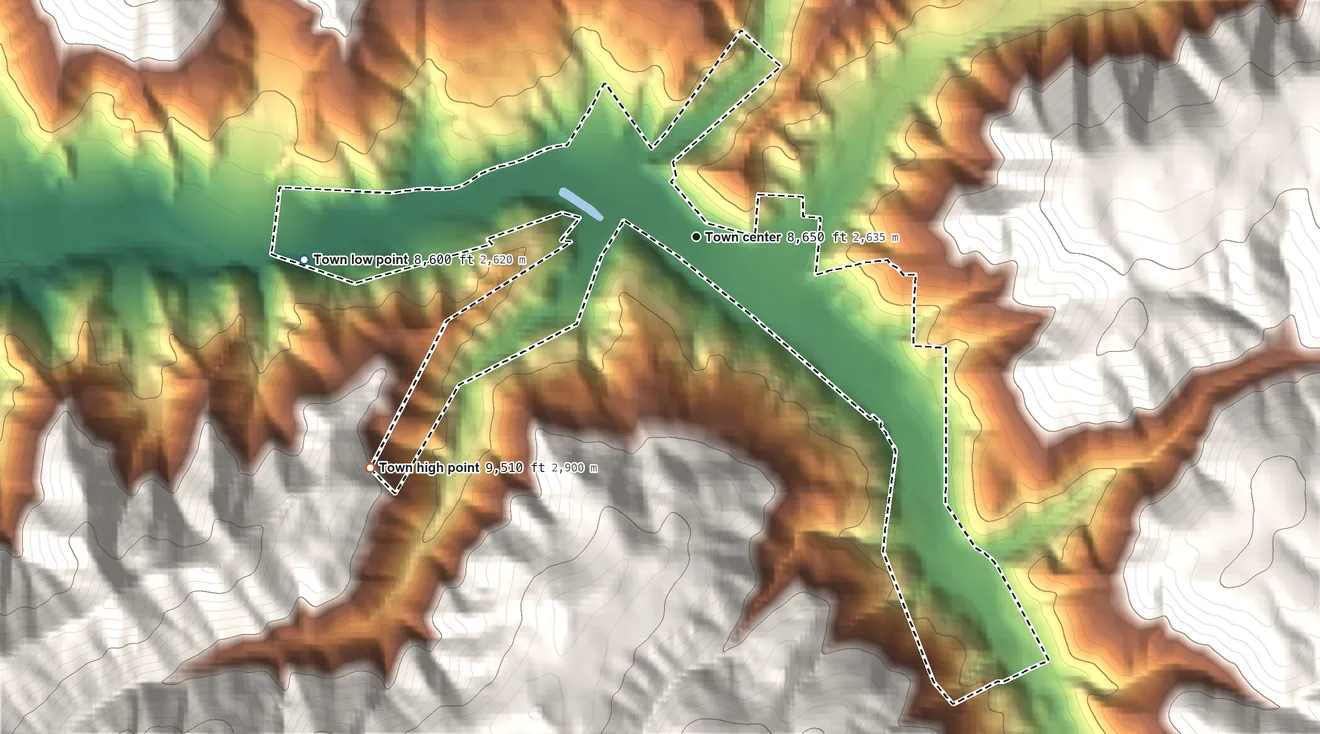Topographic elevation map of Red River, New Mexico, shaded from 8,600 ft on the west side to 9,510 ft at the foot of the Taos Mountains