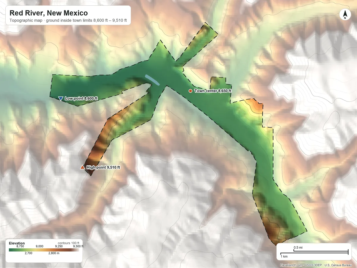 Topographic elevation map of Red River, New Mexico, shaded from 8,600 ft on the west side to 9,510 ft at the foot of the Taos Mountains