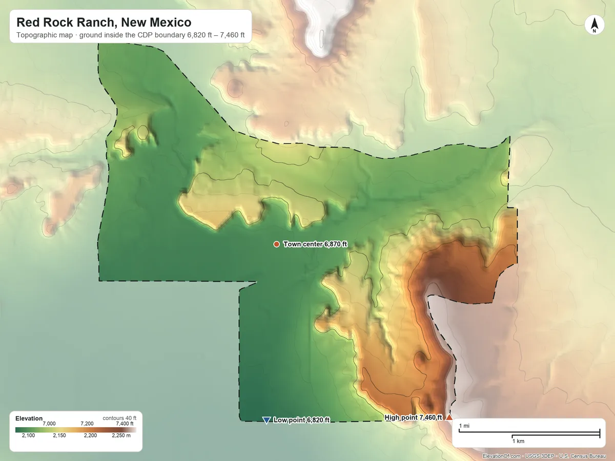 Topographic elevation map of Red Rock Ranch, New Mexico, shaded from 6,820 ft on the south side to 7,460 ft on the southeast side