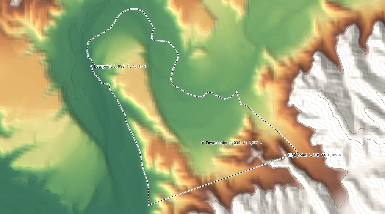 Topographic elevation map of Redrock, New Mexico, shaded from 3,990 ft on the northwest side to 4,210 ft at the foot of the Black Hills