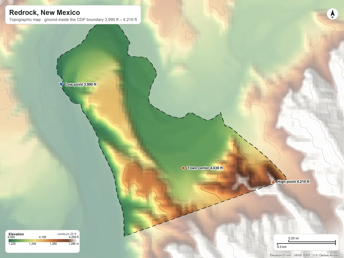 Topographic elevation map of Redrock, New Mexico, shaded from 3,990 ft on the northwest side to 4,210 ft at the foot of the Black Hills