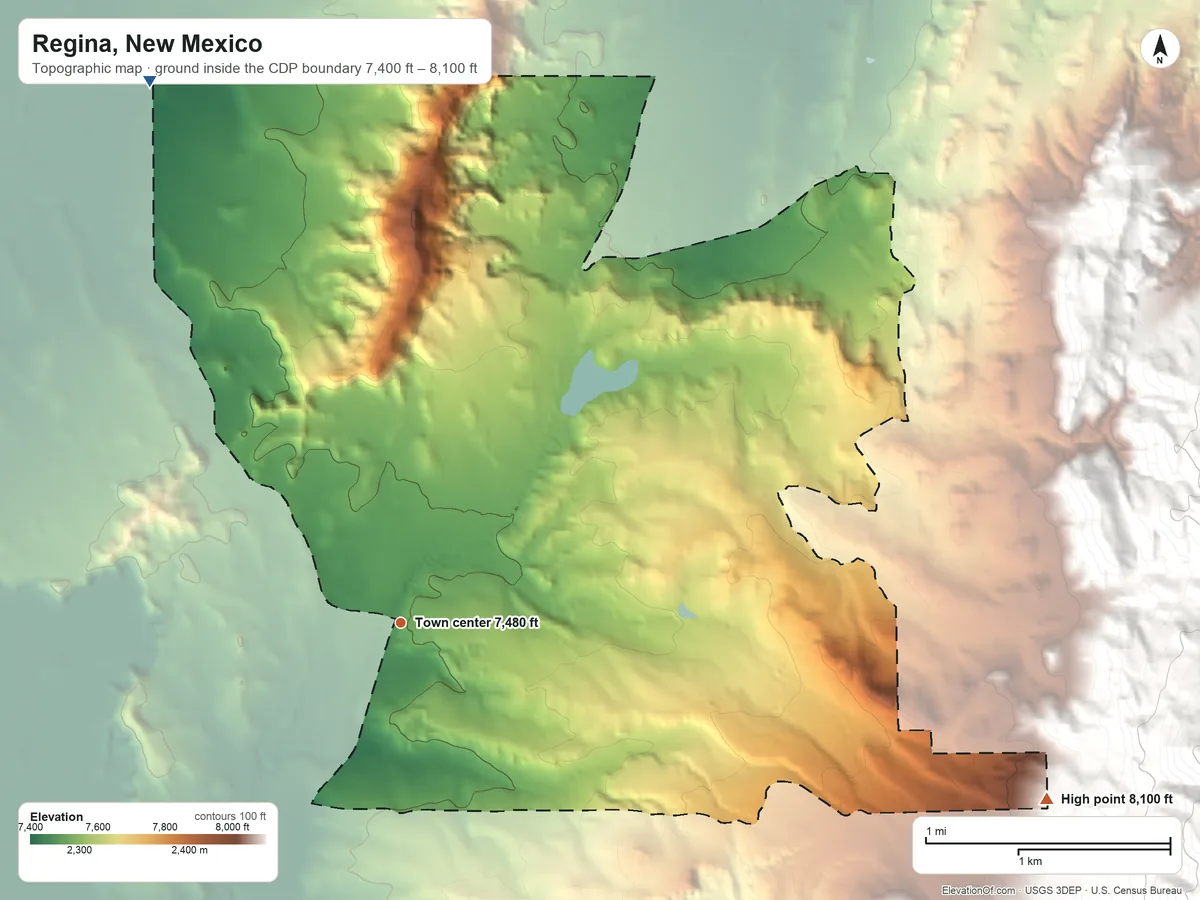Topographic elevation map of Regina, New Mexico, shaded from 7,400 ft on the northwest side to 8,100 ft at the foot of the Badland Hills