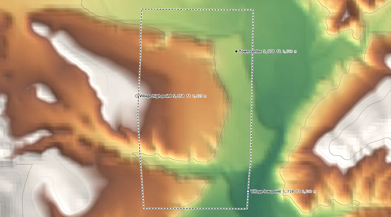 Topographic elevation map of Reserve, New Mexico, shaded from 5,710 ft on the south side to 5,950 ft at the foot of the Saliz Mountains