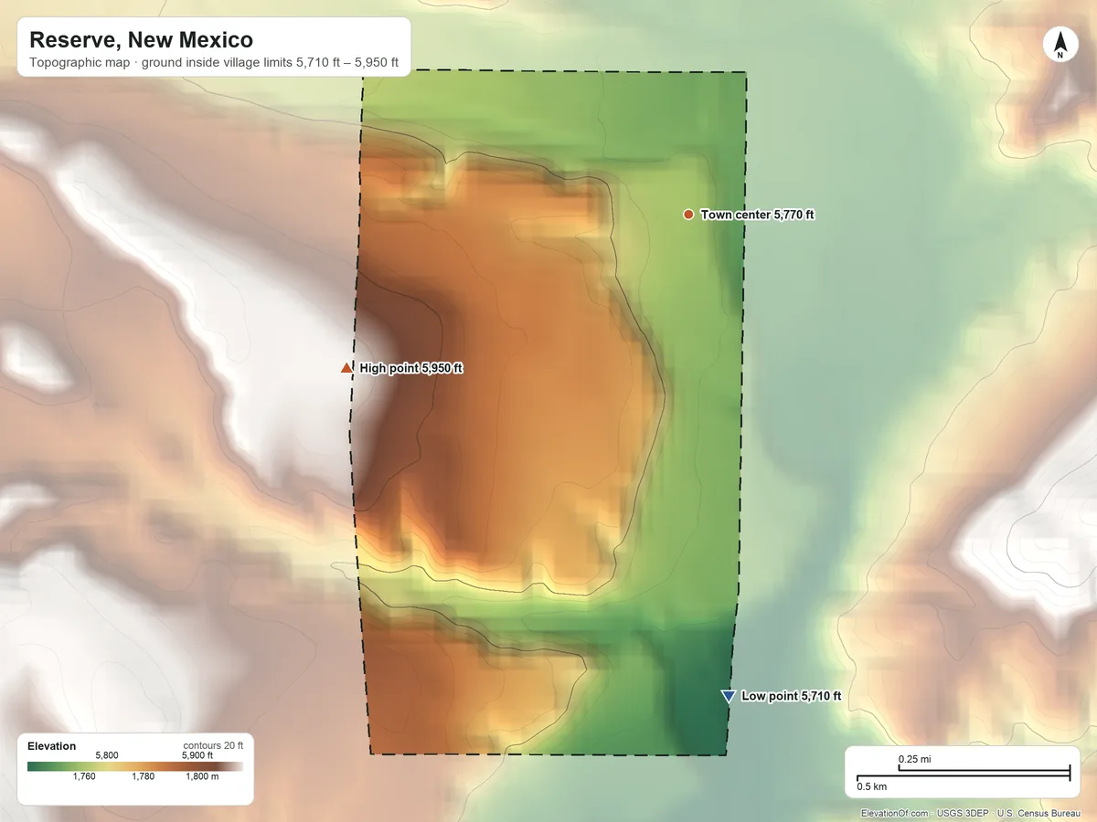 Topographic elevation map of Reserve, New Mexico, shaded from 5,710 ft on the south side to 5,950 ft at the foot of the Saliz Mountains