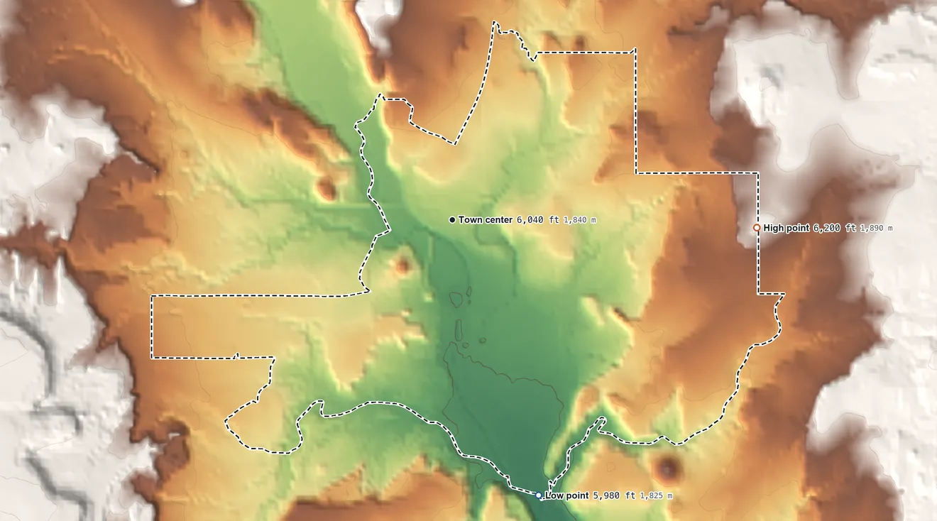 Topographic elevation map of Ribera, New Mexico, shaded from 5,980 ft on the south side to 6,200 ft on the east edge, below higher ground just outside