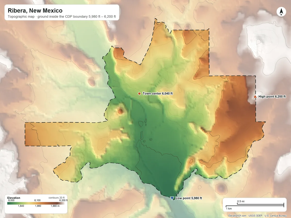 Topographic elevation map of Ribera, New Mexico, shaded from 5,980 ft on the south side to 6,200 ft on the east edge, below higher ground just outside