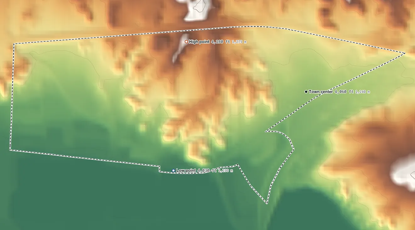 Topographic elevation map of Rincon, New Mexico, shaded from 4,030 ft on the southwest side to 4,180 ft at the foot of the Tonuco Mountains
