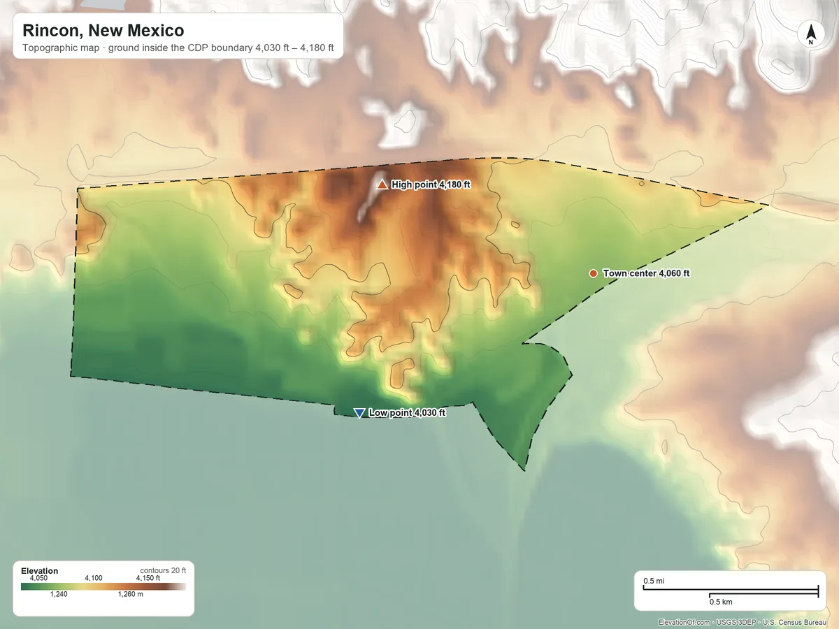 Topographic elevation map of Rincon, New Mexico, shaded from 4,030 ft on the southwest side to 4,180 ft at the foot of the Tonuco Mountains