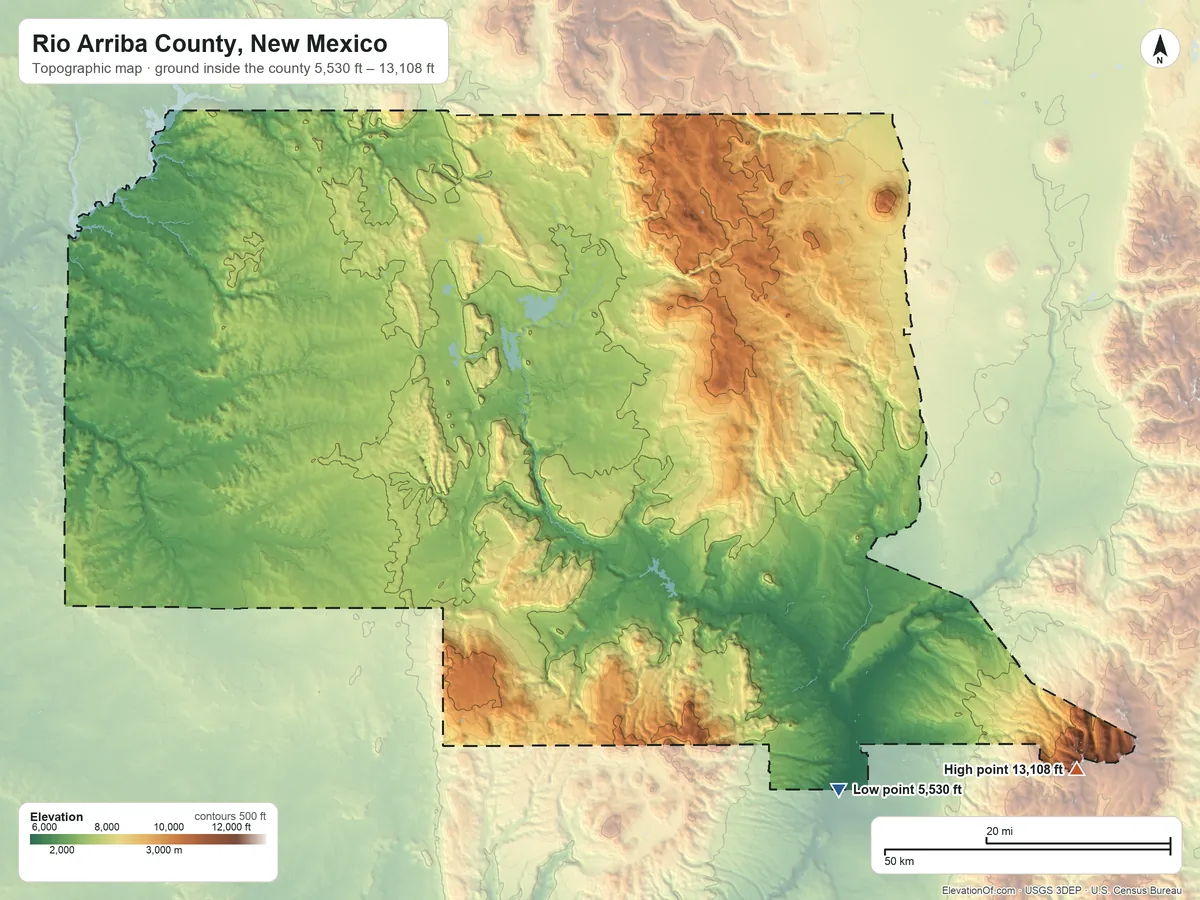 Topographic elevation map of Rio Arriba County, New Mexico, shaded from 5,530 ft on the southeast side to 13,108 ft on Truchas Peak