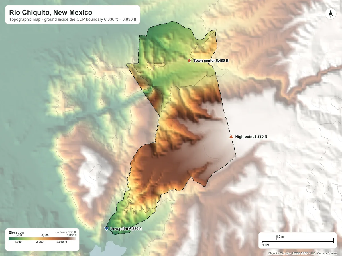 Topographic elevation map of Rio Chiquito, New Mexico, shaded from 6,330 ft on the southwest side to 6,830 ft on the southeast edge, below higher ground just outside