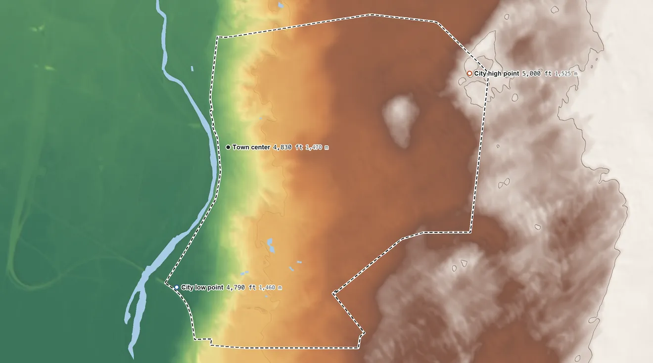 Topographic elevation map of Rio Communities, New Mexico, shaded from 4,790 ft on the south side to 5,000 ft on the east side