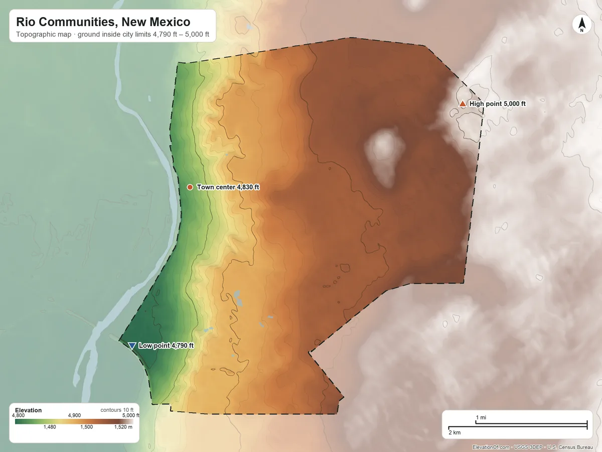 Topographic elevation map of Rio Communities, New Mexico, shaded from 4,790 ft on the south side to 5,000 ft on the east side