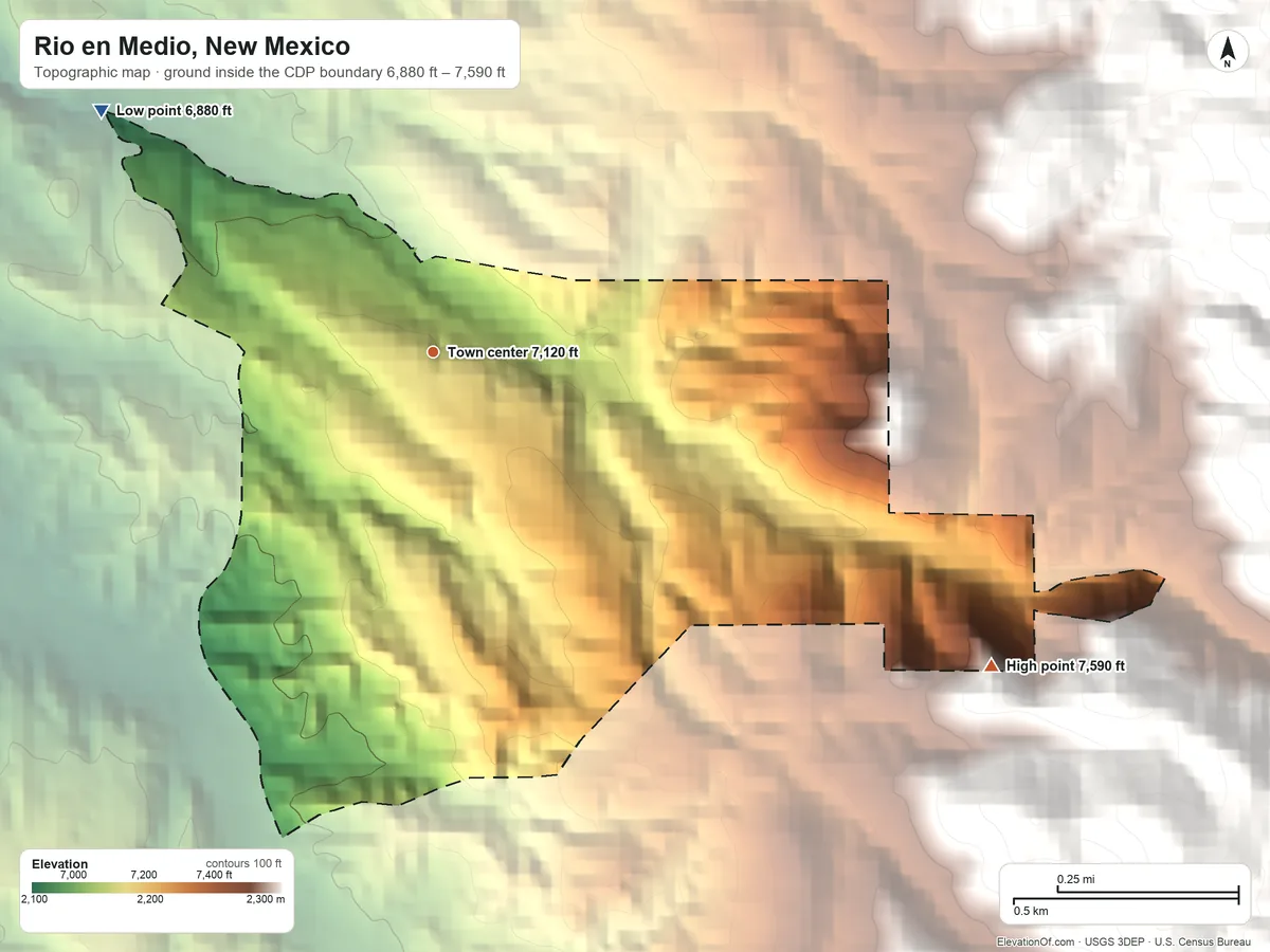 Topographic elevation map of Rio en Medio, New Mexico, shaded from 6,880 ft on the northwest side to 7,590 ft on the southeast edge, below higher ground just outside