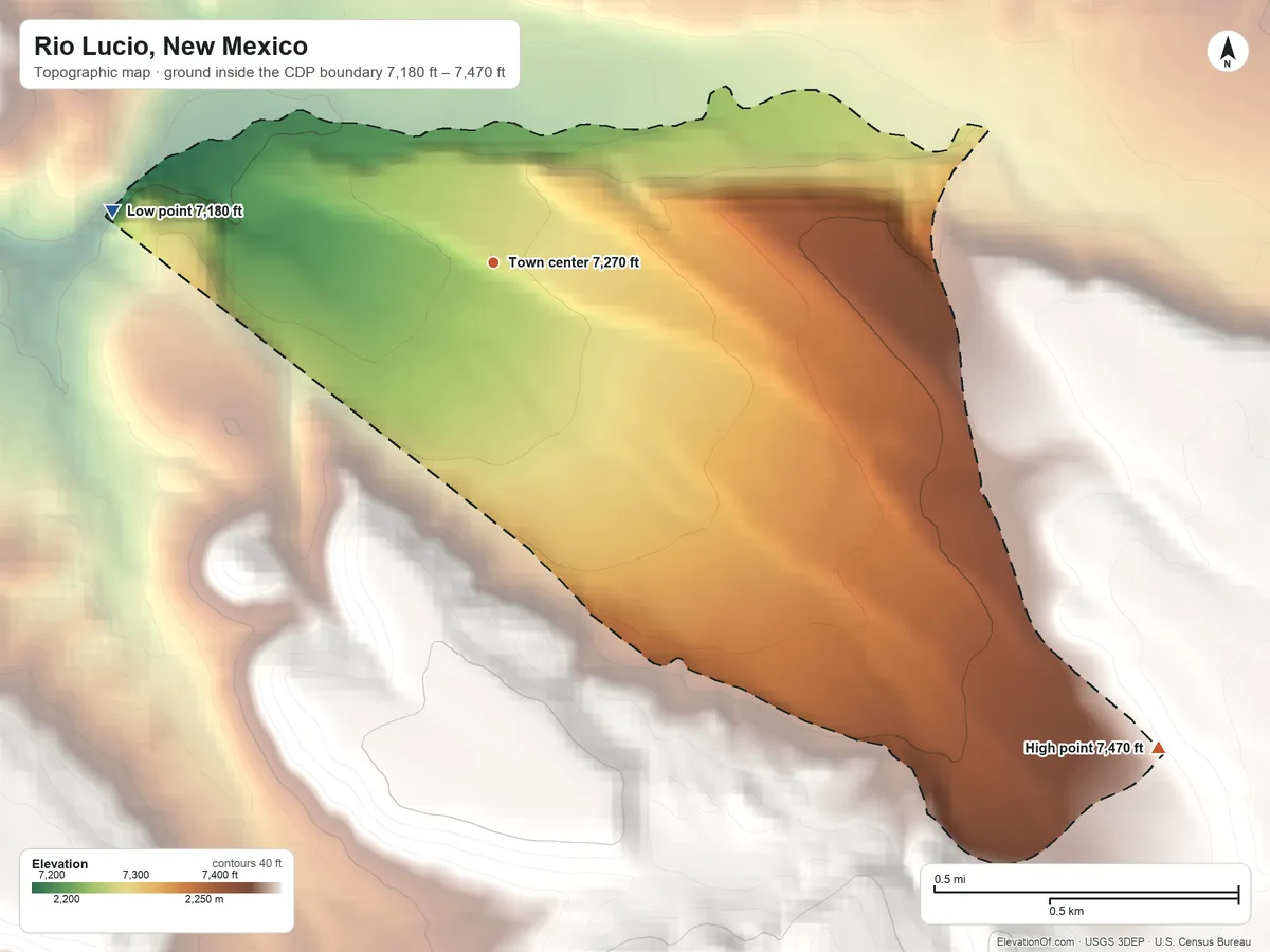 Topographic elevation map of Rio Lucio, New Mexico, shaded from 7,180 ft on the west side to 7,470 ft on the southeast edge, below higher ground just outside