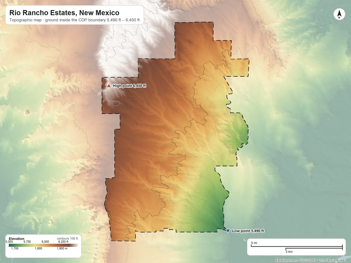 Topographic elevation map of Rio Rancho Estates, New Mexico, shaded from 5,490 ft on the southeast side to 6,450 ft on the northwest side