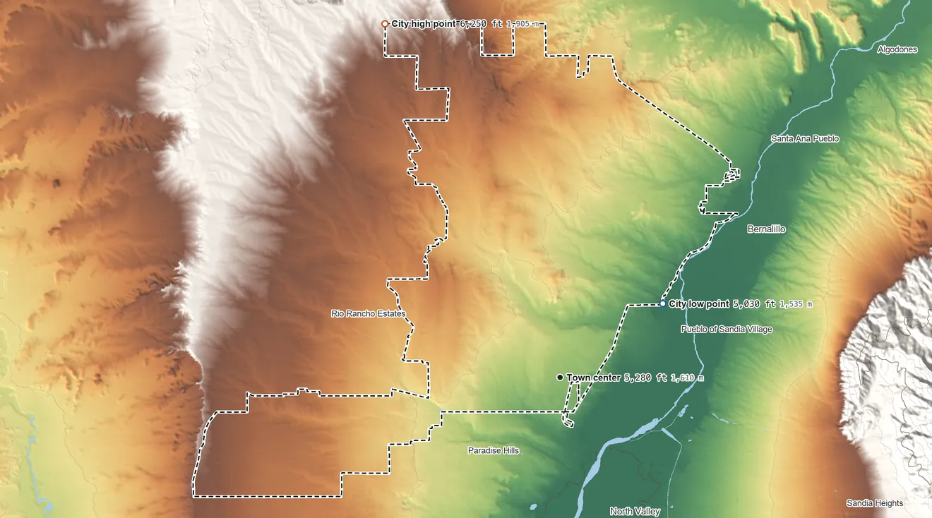 Topographic elevation map of Rio Rancho, New Mexico, shaded from 5,030 ft on the northeast side to 6,250 ft on the northwest side