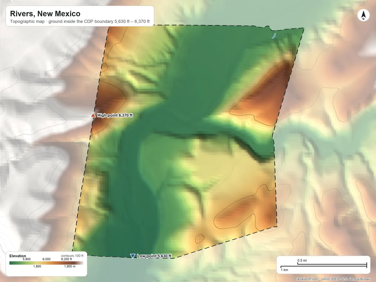 Topographic elevation map of Rivers, New Mexico, shaded from 5,630 ft on the south side to 6,370 ft at the foot of the Saliz Mountains