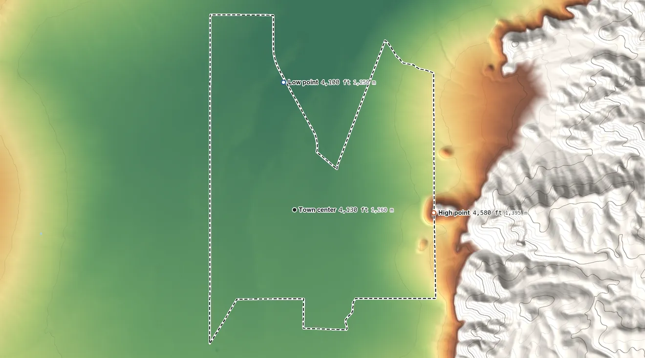 Topographic elevation map of Rodeo, New Mexico, shaded from 4,100 ft on the north side to 4,580 ft at the foot of the Peloncillo Mountains