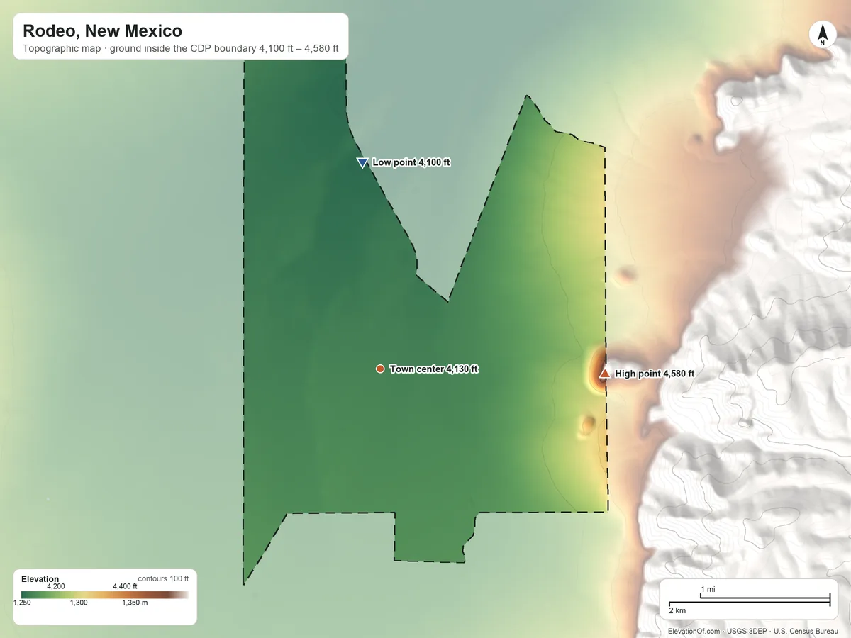 Topographic elevation map of Rodeo, New Mexico, shaded from 4,100 ft on the north side to 4,580 ft at the foot of the Peloncillo Mountains