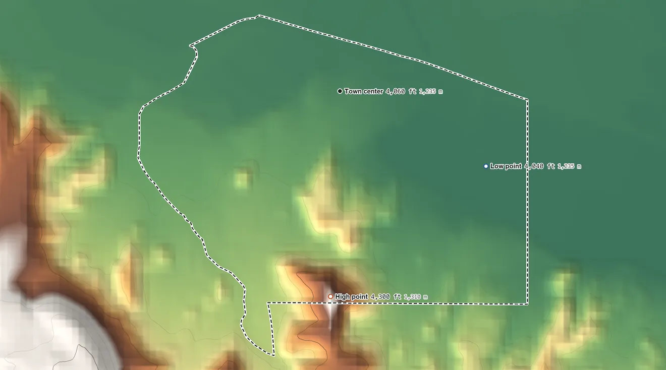 Topographic elevation map of Rodey, New Mexico, shaded from 4,040 ft on the southeast side to 4,300 ft at the foot of the Tonuco Mountains