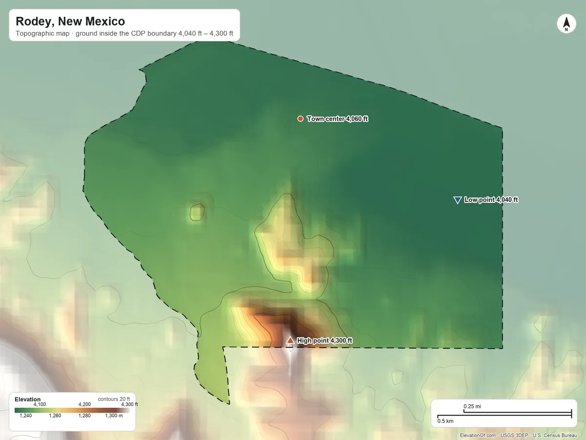Topographic elevation map of Rodey, New Mexico, shaded from 4,040 ft on the southeast side to 4,300 ft at the foot of the Tonuco Mountains