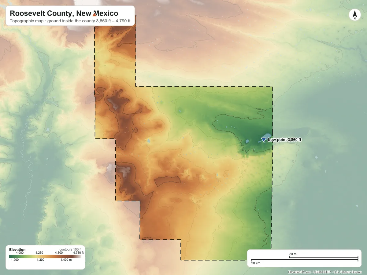 Topographic elevation map of Roosevelt County, New Mexico, shaded from 3,860 ft on the east side to 4,790 ft on the northwest side