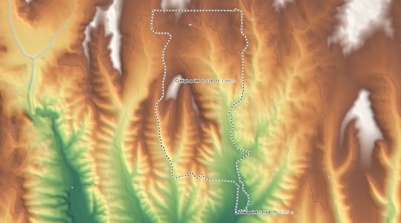 Topographic elevation map of Rosedale, New Mexico, shaded from 5,760 ft on the south side to 6,110 ft on the west side
