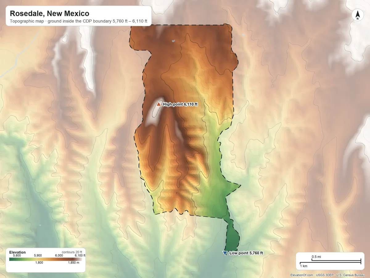 Topographic elevation map of Rosedale, New Mexico, shaded from 5,760 ft on the south side to 6,110 ft on the west side