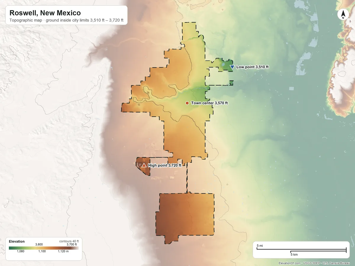 Topographic elevation map of Roswell, New Mexico, shaded from 3,510 ft on the northeast side to 3,720 ft on the southwest side
