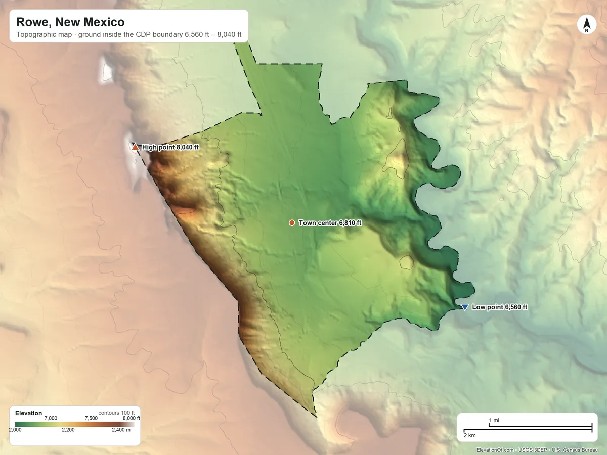 Topographic elevation map of Rowe, New Mexico, shaded from 6,560 ft on the southeast side to 8,040 ft on Rowe Peak