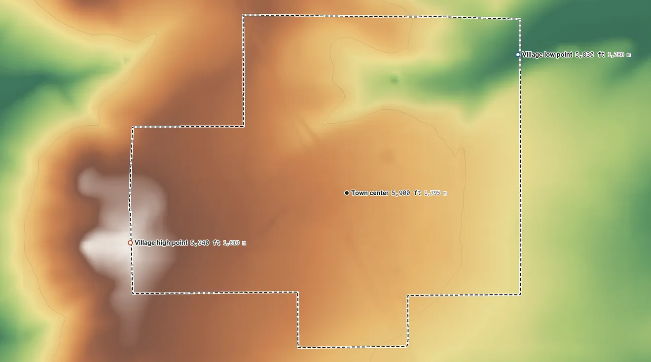 Topographic elevation map of Roy, New Mexico, shaded from 5,830 ft on the northeast side to 5,940 ft on the west side