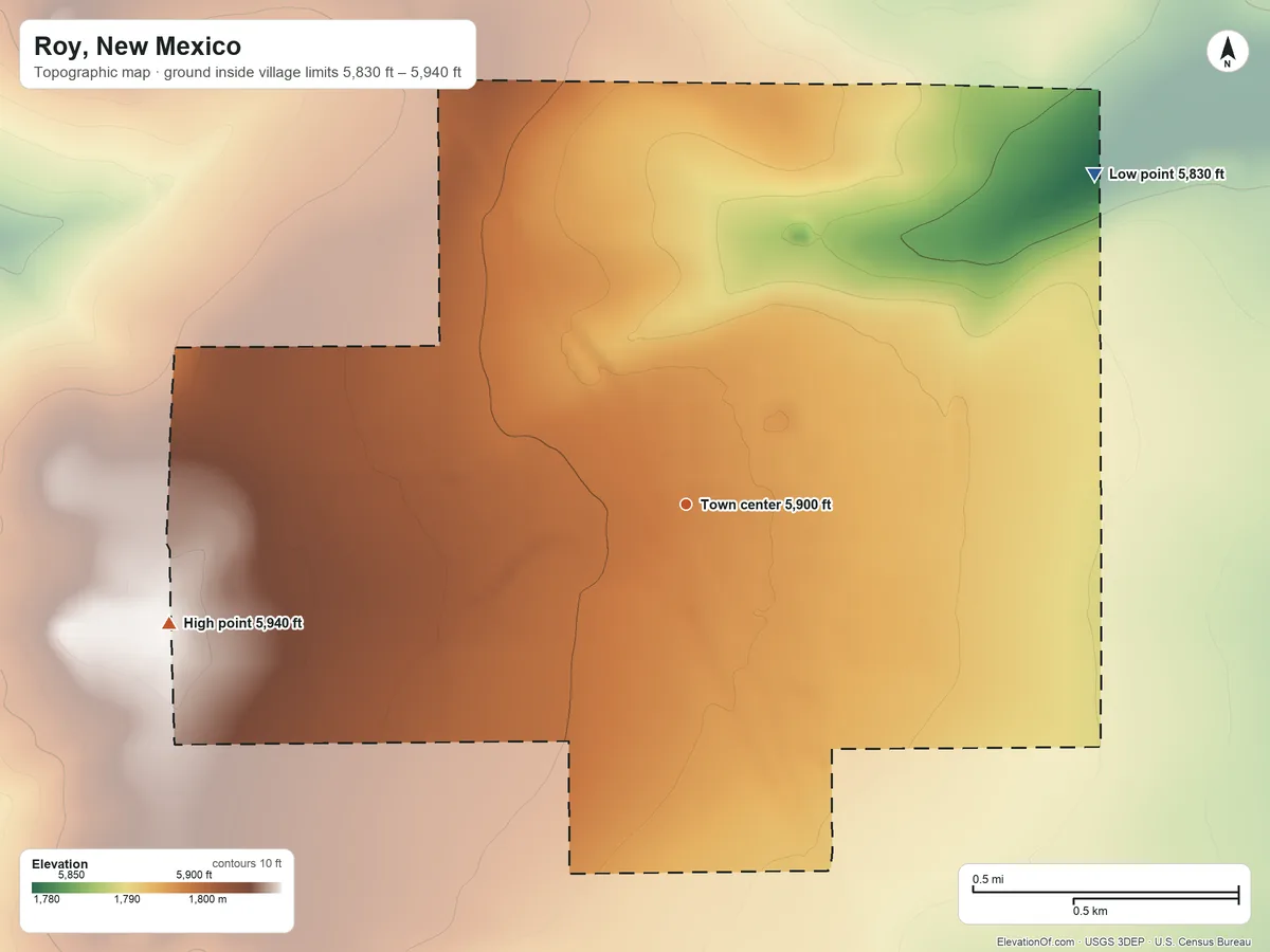 Topographic elevation map of Roy, New Mexico, shaded from 5,830 ft on the northeast side to 5,940 ft on the west side