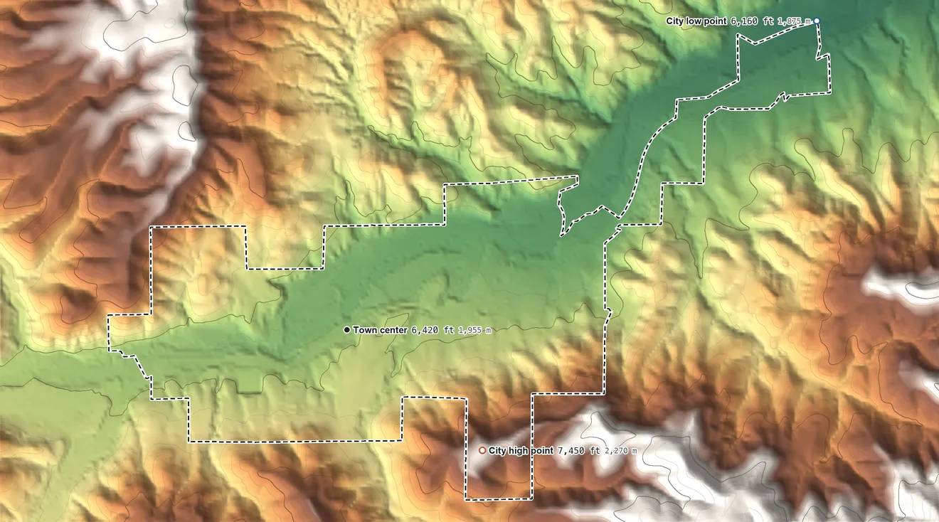 Topographic elevation map of Ruidoso Downs, New Mexico, shaded from 6,160 ft on the northeast side to 7,450 ft at the foot of the Sierra Blanca
