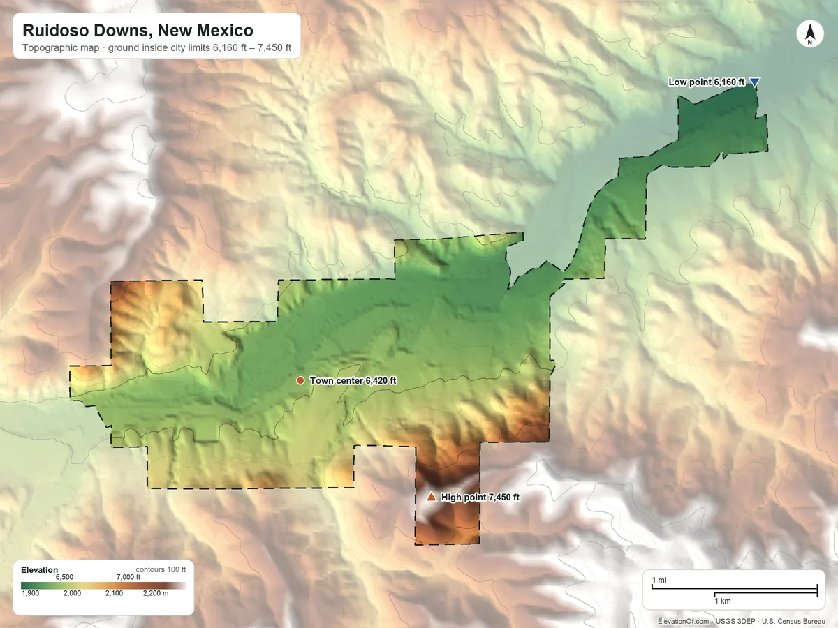 Topographic elevation map of Ruidoso Downs, New Mexico, shaded from 6,160 ft on the northeast side to 7,450 ft at the foot of the Sierra Blanca