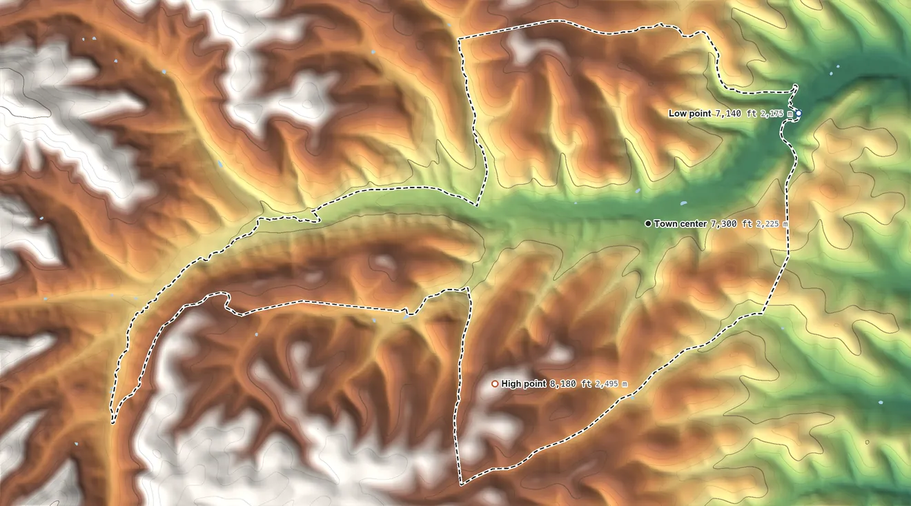 Topographic elevation map of Sacramento, New Mexico, shaded from 7,140 ft on the northeast side to 8,180 ft on the southwest side